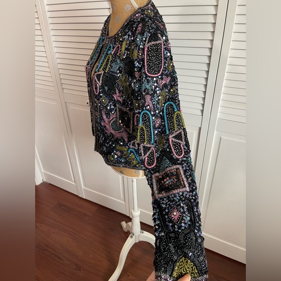 Amazing Vintage 80’s Sténay Multicolored Geometric Beaded Evening coat jacket M - Picture 7 of 16
